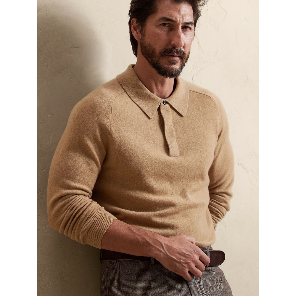 Banana Republic Viaggio XL 100% Cashmere Long Sleeve Polo Sweater Camel Tan Knit